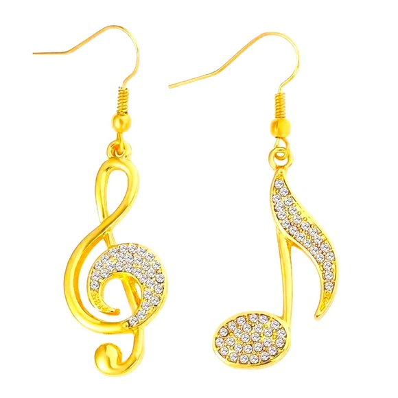 Musical notes rhinestones gold tone dangle earrings NWT - Picture 4 of 7